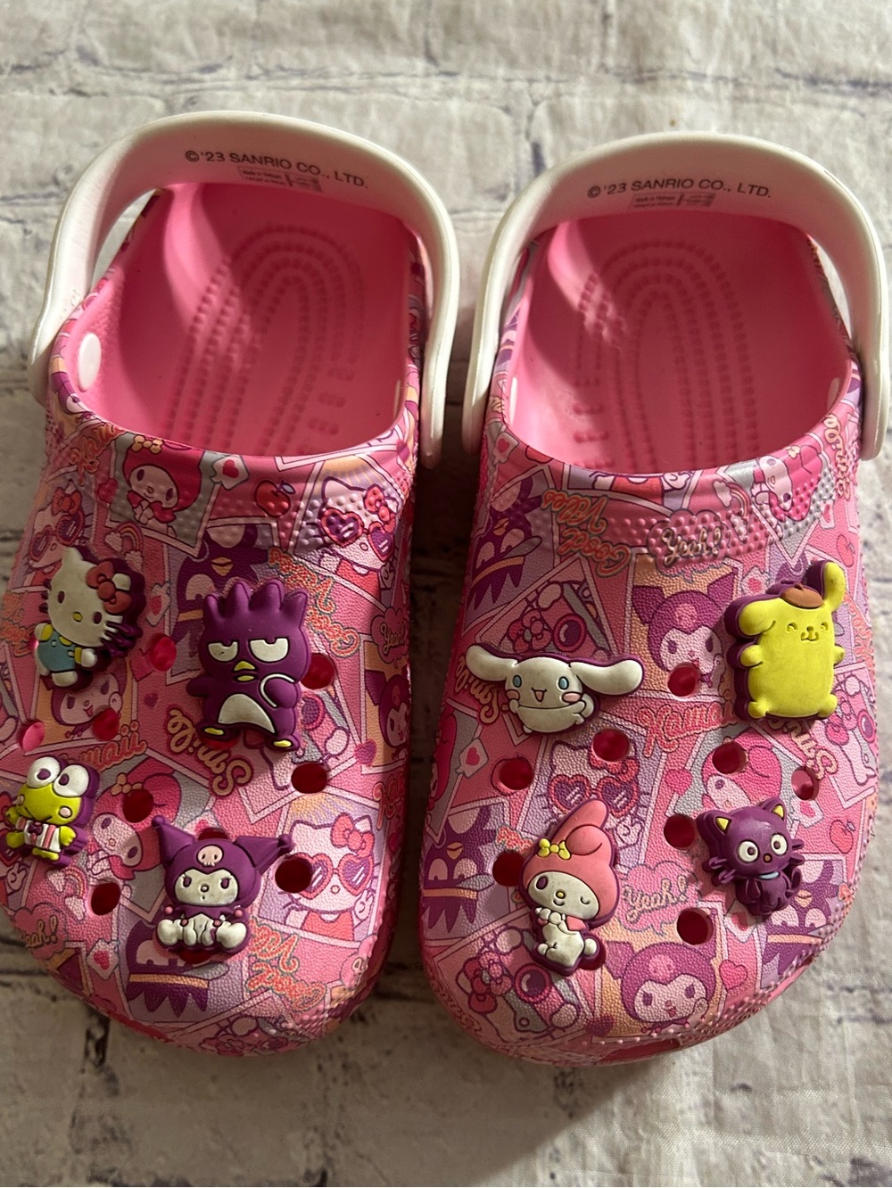 HELLO KITTY AND FRIENDS PINK CROCS ALL-OVER SANDRIO CHARACTERS & JIBBITZ CHARMS